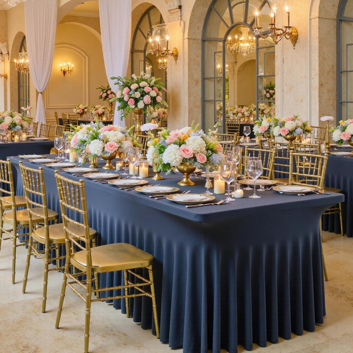 2 pk Navy Blue Spandex Tablecloth 8ft With Ruffle Table Skirt, Wrinkle Free Stretchy Fitted Tablecloths for 8 Foot Rectangle Tables, Elastic Spandex Table Covers 8ft for Weddings Parties Banquet Craft