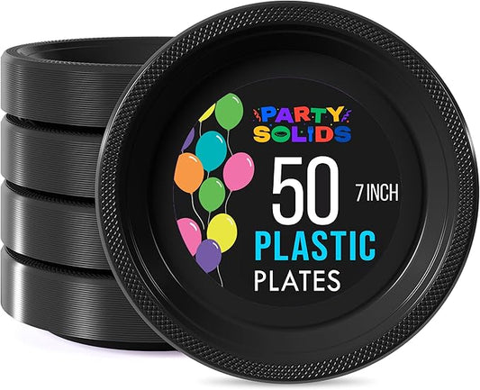 Exquisite Party Solids Black Plastic Plates For Party Supplies 7" Black Disposable Plates Heavy Duty 50 Pcs Plastic Dinnerware Sets Heavy Duty 350 GSM Disposable Dinnerware Set