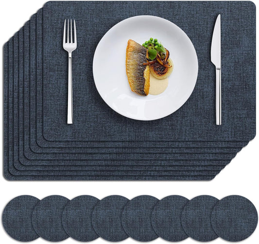 MOSAYT Placemats Set of 8, Heat Resistant Vinyl Place Mats with Coasters, Wipeable Washable 100% Waterproof Oil Proof Faux Leather Table Mats for Kitchen Dining Party Outdoor, 12" x 18", Navy Blue
