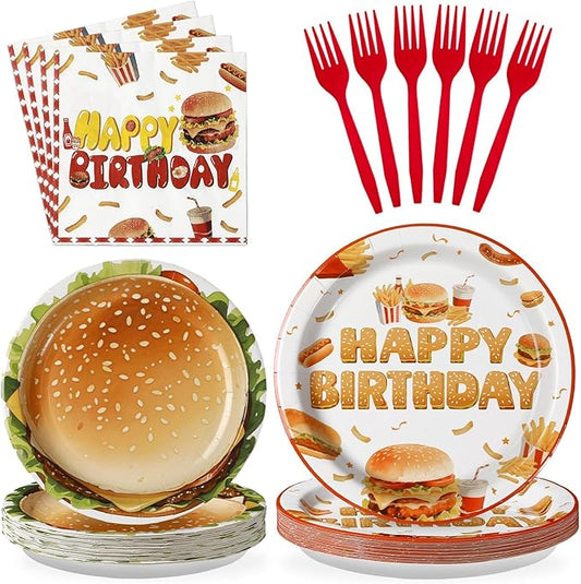 Grencian 96Pcs BBQ Birthday Party Decoration Fast Food Hamburger Plates and Napkins Disposable Barbecue Supplies Picnic Tableware for Food Themed Birthday Party Decorations Serves 24