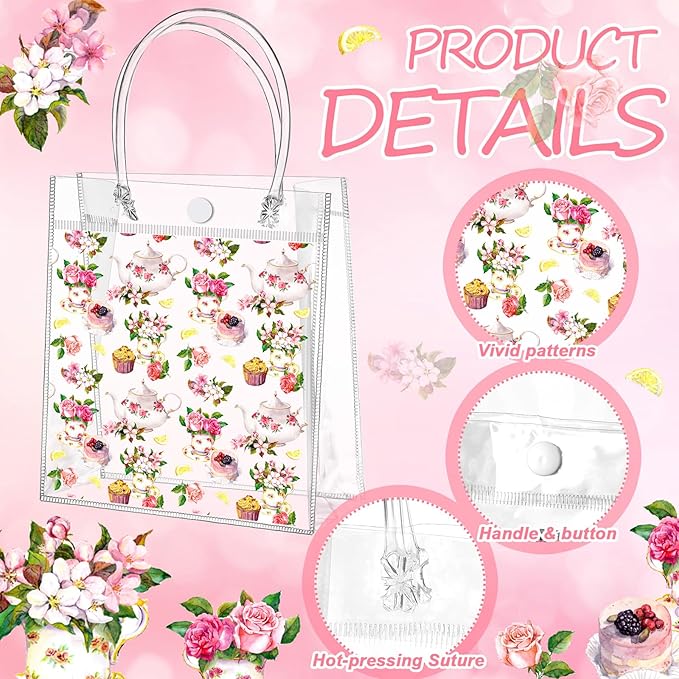 Tioncy 24 Pcs Tea Party Gift Bags Tea Party Clear PVC Gift Bags Decorations Floral Teapot Goodie Treat Bags with Handles for Birthday Goody Wedding Events Favors Supplies