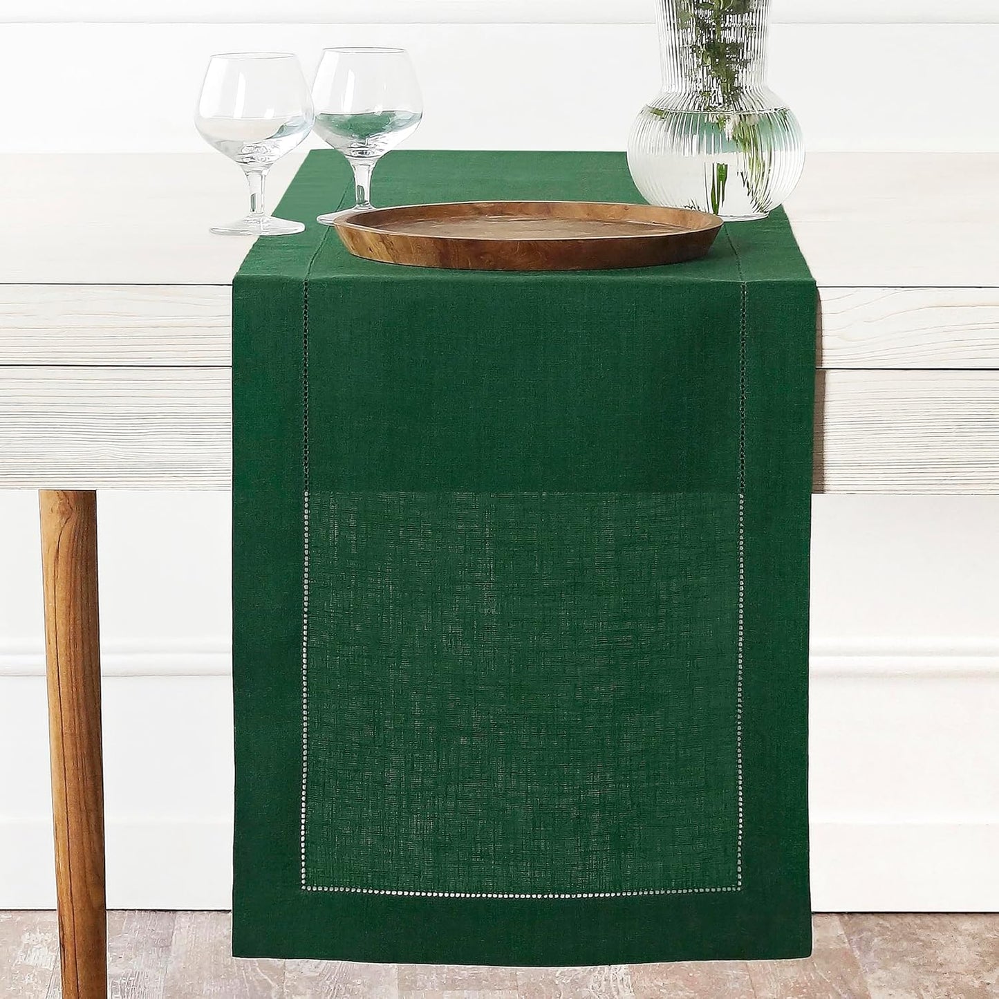 D'Moksha Homes Linen Forest Green Table Runner 60 Inches - Classic Hemstitch, 100% Pure Linen Coffee Table Runner 14 x 60 Inch Ideal for Dresser Tables - Fall, Autumn and Halloween