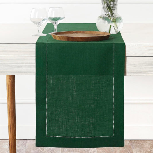 D'Moksha Homes Linen Forest Green Table Runner 90 Inches Long - Classic Hemstitch 100% Pure Linen Dining Table Runner 14 x 90 Inch for Fall, Autumn and Halloween