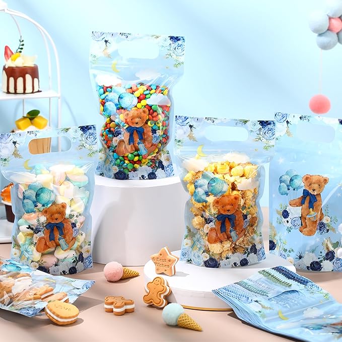 Blosssound 50 Pcs Bear Party Gift Bags Resealable Blue Baby Shower Plastic Bags Plastic Boy Bear Favor Pouches with Handles for Baby Shower Birthday Party Candy Gift Wrapping Supplies Decor