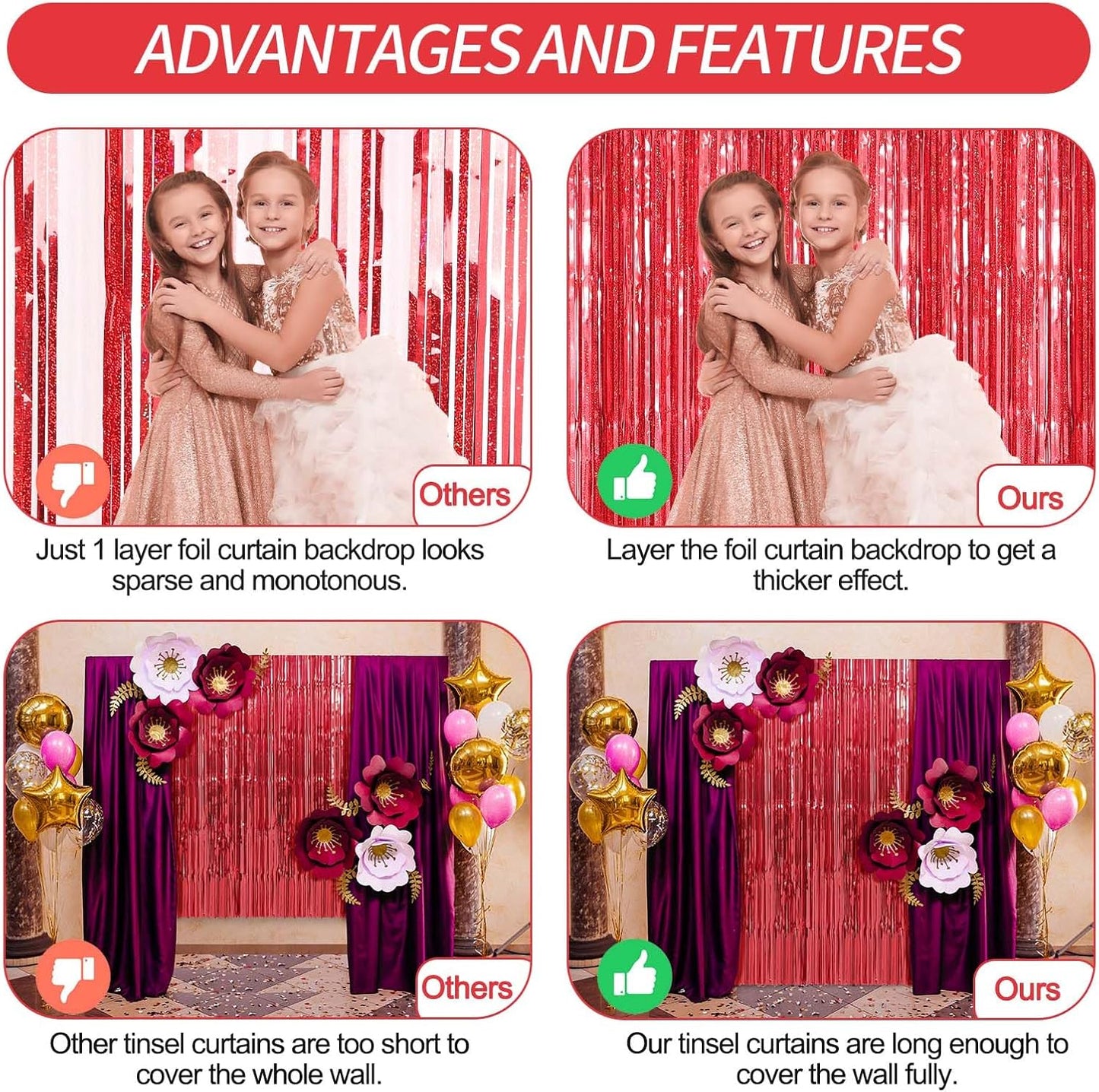 Crosize 5 Pack 3.3 x 9.9 ft Red Foil Fringe Curtains Party Decorations, Red Tinsel Curtain Backdrop for Parties, Door Streamers, Glitter Streamer Backdrop for Birthday Decoration