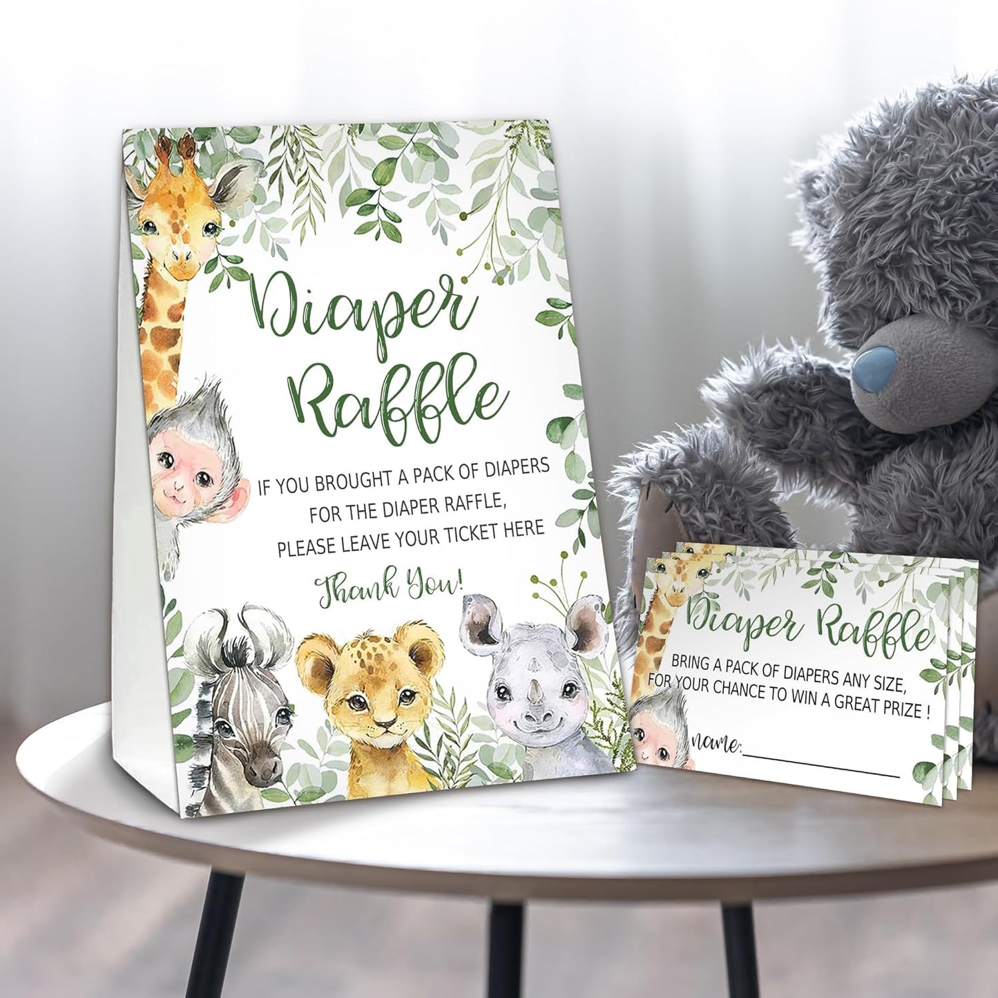 Jungle Animals Diaper Raffle Tickets for Baby Shower Game, 1 Standing Sign(5 * 7 Inch) & 50 Guessing Cards for Baby Shower Party Decoration