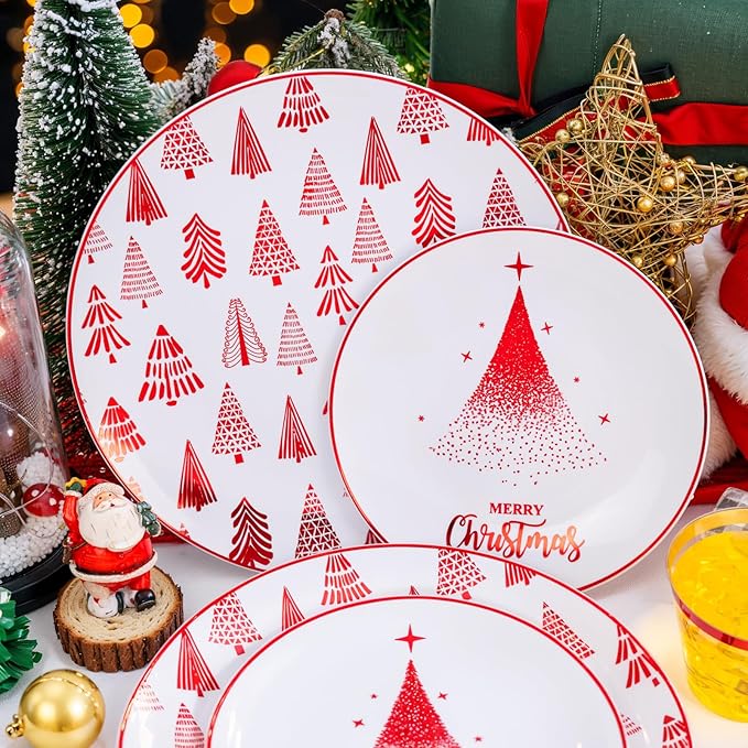 Nervure 175PCS Christmas Plastic Plates - White and Red Disposable Plates - Xmas Tree Plates Include 25Dinner Plate, 25Dessert Plate, 75Silverware, 25Cups, 25 Napkins for Christmas Party