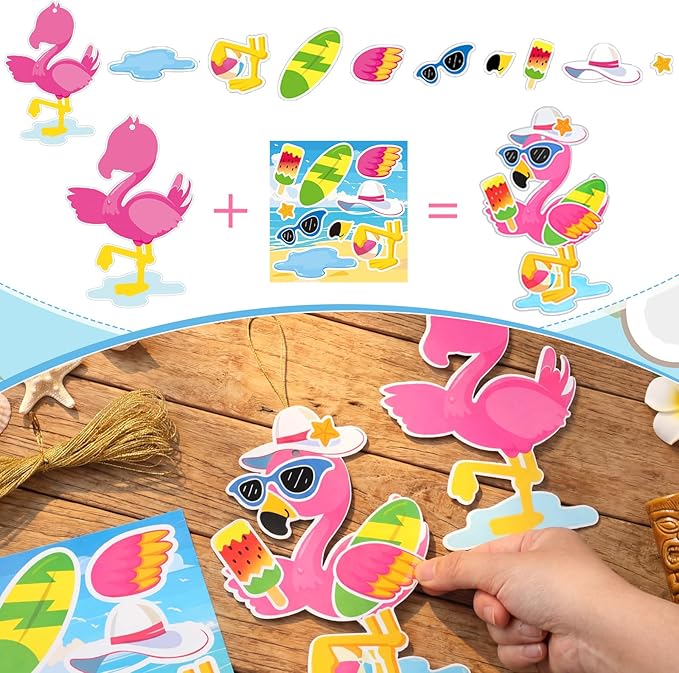 Frienda 48 Set Summer Make a Face Paper Sticker Craft Kit Hawaii Tropical Pool Beach Crafts Make Your Own Pineapple Flamingo Hawaii Sticker for Summer Party Favors Classroom Luau Game Rewards Gift