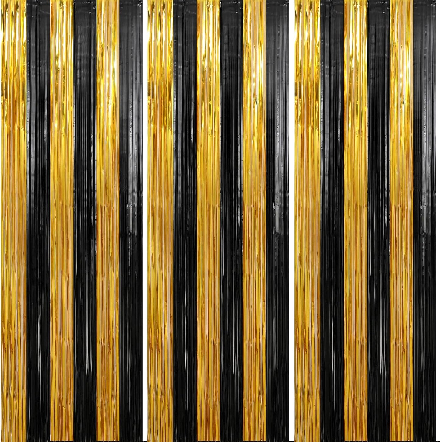 Crosize 3 Pack 3.3 x 9.9 ft Black & Gold Foil Fringe Curtains Party Decorations, Black & Gold Tinsel Curtain Backdrop for Parties, Door Streamers, Glitter Streamer Backdrop for Birthday Decoration