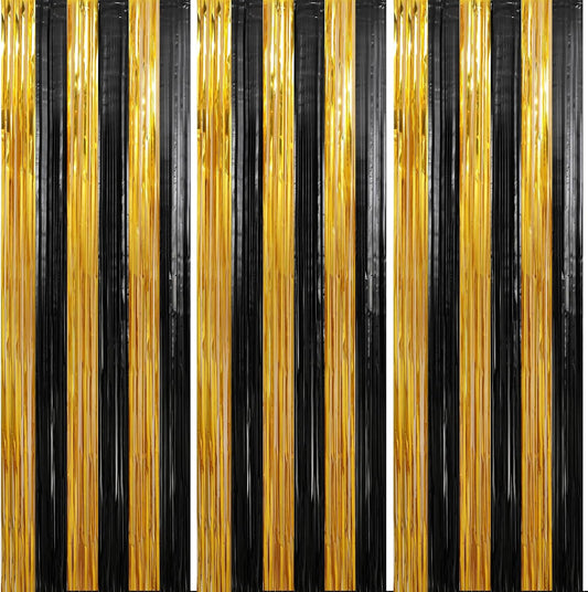 Crosize 3 Pack 3.3 x 9.9 ft Black & Gold Foil Fringe Curtains Party Decorations, Black & Gold Tinsel Curtain Backdrop for Parties, Door Streamers, Glitter Streamer Backdrop for Birthday Decoration