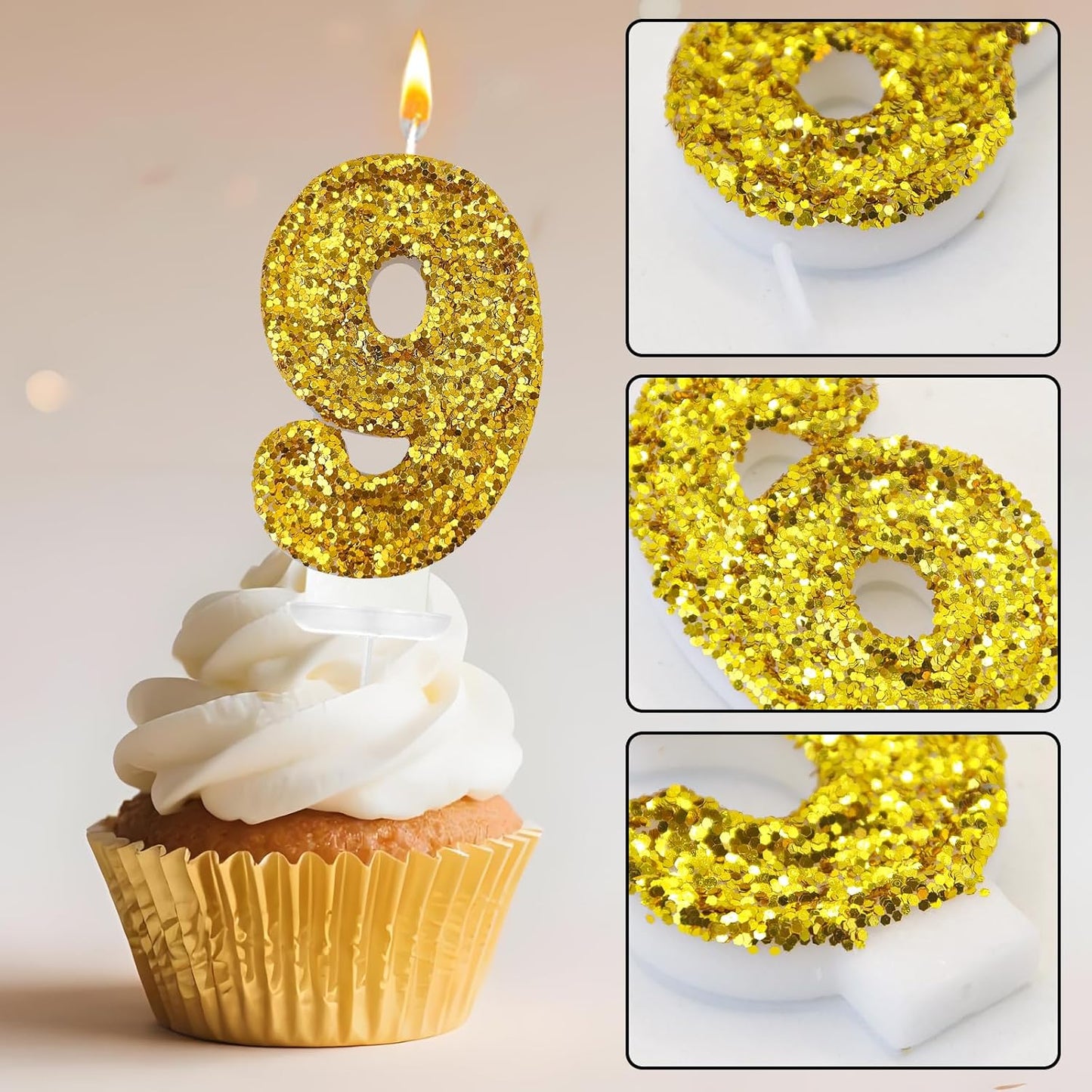 Birthday Number Candles, Glitter Number Candle Cake Decorations with Sequins, Cupcake Decorations for Girls, Women, Party Anniversary Celebrations (Number 9, Golden)