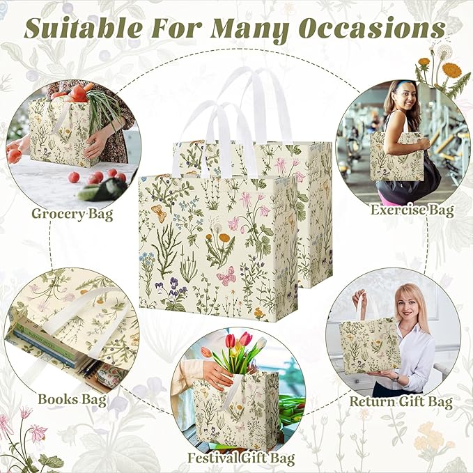 Abbylike 30 Pcs Wildflower Gift Bag Large Floral Shopping Bag Vintage Non Woven Tote for Party, 12.2 x 11.02 x 4.72 Inches