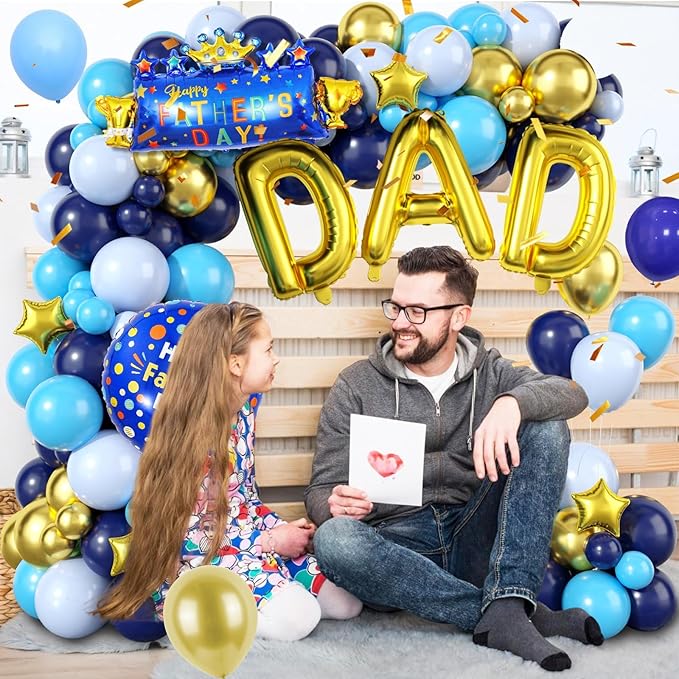 Father's Day Balloon Arch, Navy Blue Metallic Gold Light Blue Balloon Garland Kit with Large Dad Party Balloons, Dad Letter Foil Balloons for Father's Day Party Decorations
