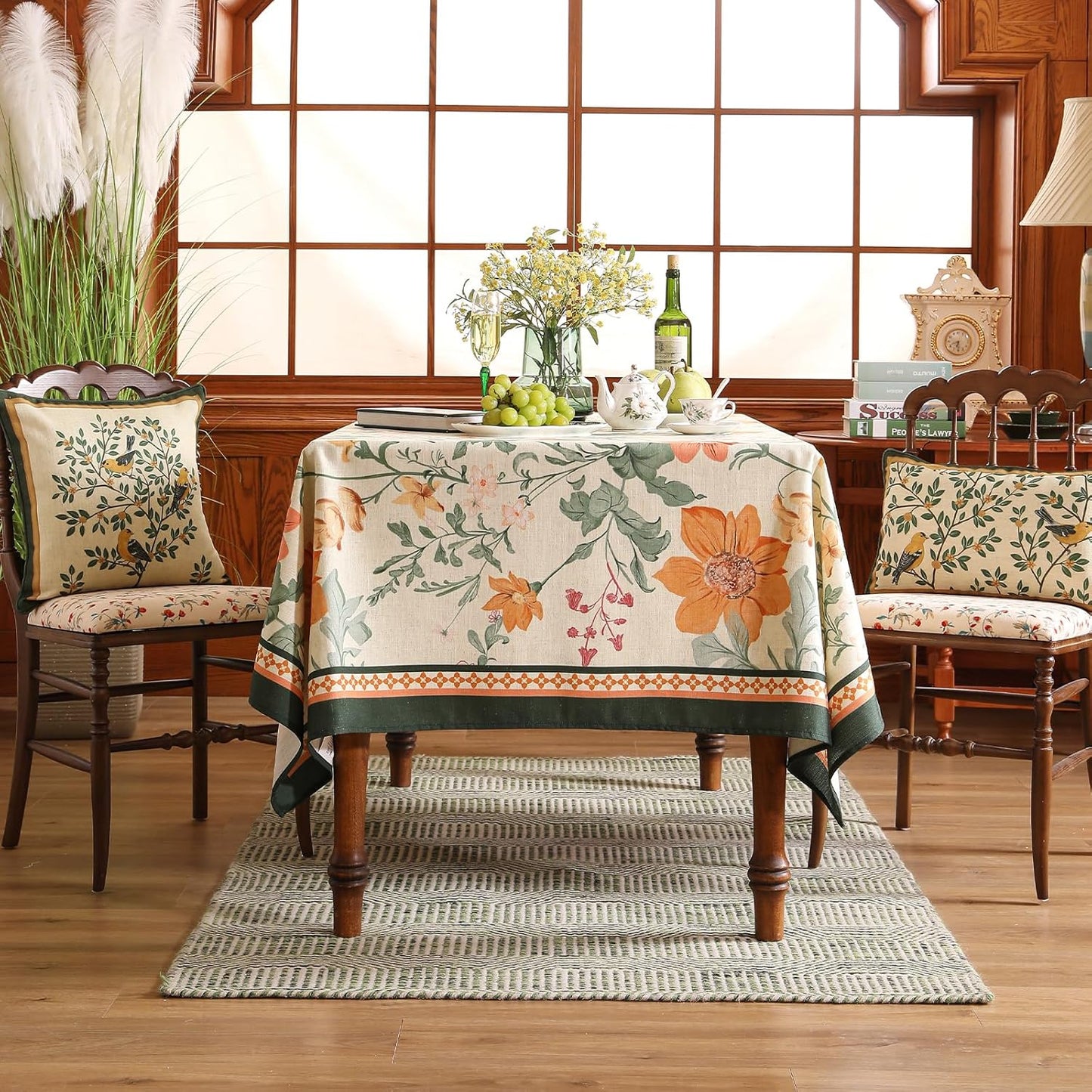 French Linen Square Tablecloth,Orange Floral Pattern Wrinkle Resistant and Soft Table Cloth,Decorative Table Cover for Kitchen,Dining,Thanksgiving,Tea Party,Christmas,67"*67"-Milch