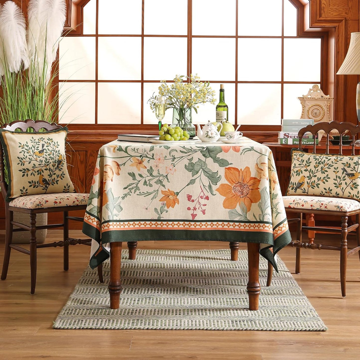 French Small Tablecloth for Rectangle Table,Linen Orange Floral Wrinkle Resistant Tablecloths,Decorative Table Cover for Kitchen,Dining,Tea Party,Thanksgiving,Christmas,55"*71"-Milch