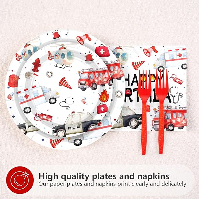 Grencian 96pcs Emergency Vehicle Birthday Party Decorations Fire Truck Plates and Napkins Ambulance Tableware Police Car Dinnerware for Kids Boys Girls Emergency Vehicle Birthday Party Decorations