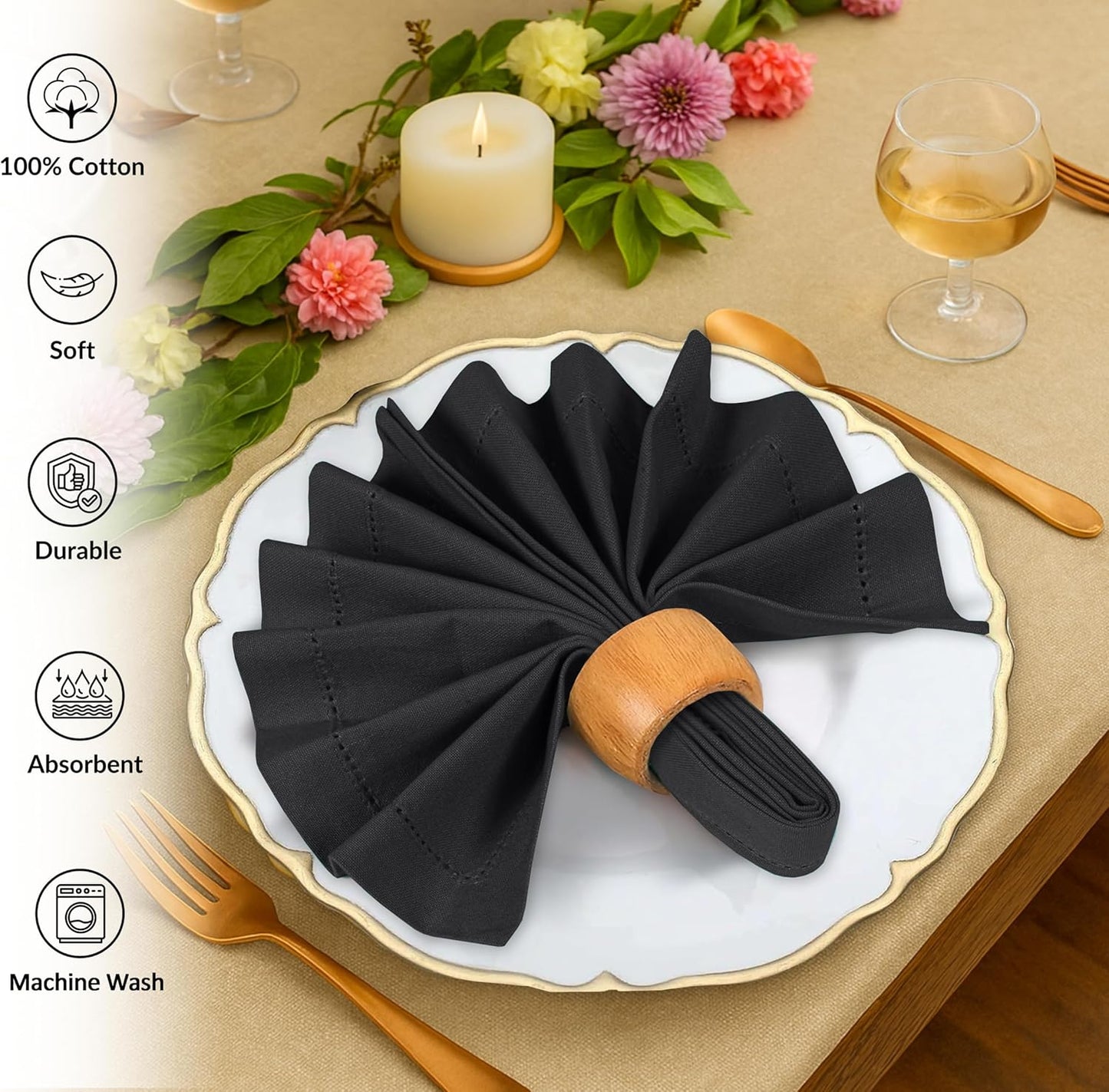 Ruvanti Cloth Napkins - 100% Cotton Dinner Napkins, Hem Stitched Corners, 18x18 Inch, 12 Pack - Soft, Absorbent, Durable, Reusable, Wrinkle Resistant for Formal Dining & Everyday Use - Black Beauty
