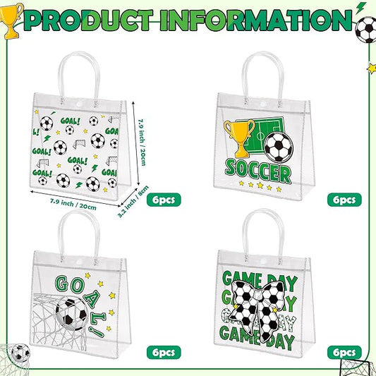 H1vojoxo Soccer Party Gift Bags - 24PCS Soccer Clear PVC Gift Bags with Handles Bulk 4 Styles Sports Theme PVC Plastic Gifts Wrap Tote Bag Reusable Clear Gift Bag for Ball Team Birthday Party Favor