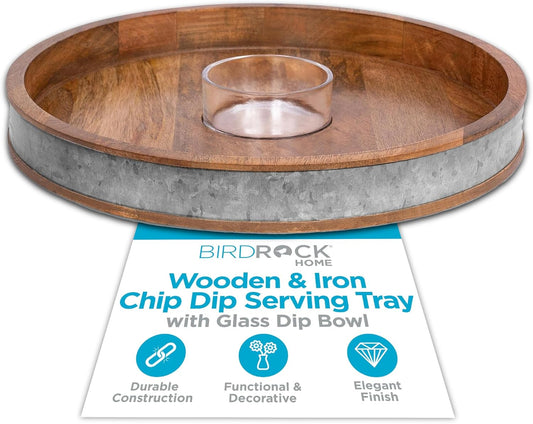 BIRDROCK HOME Wooden & Iron Chip Dip Serving Tray w/Glass Dip Bowl | Extra Large Decorative Kitchen Platter | Salsa, Guacamole, Veggies, Cheese | Decor for Coffee Table, Dining & Living Room - Round