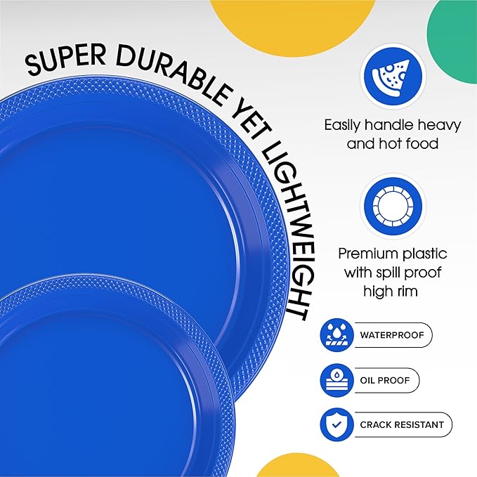 Party Solids Dark Blue Plastic Plates For Party Supplies, Dark Blue Disposable Plates 100 Pieces - 50-7" & 50-9" Heavy Duty 350 GSM Disposable Dinnerware Sets, Plastic Dinnerware Sets