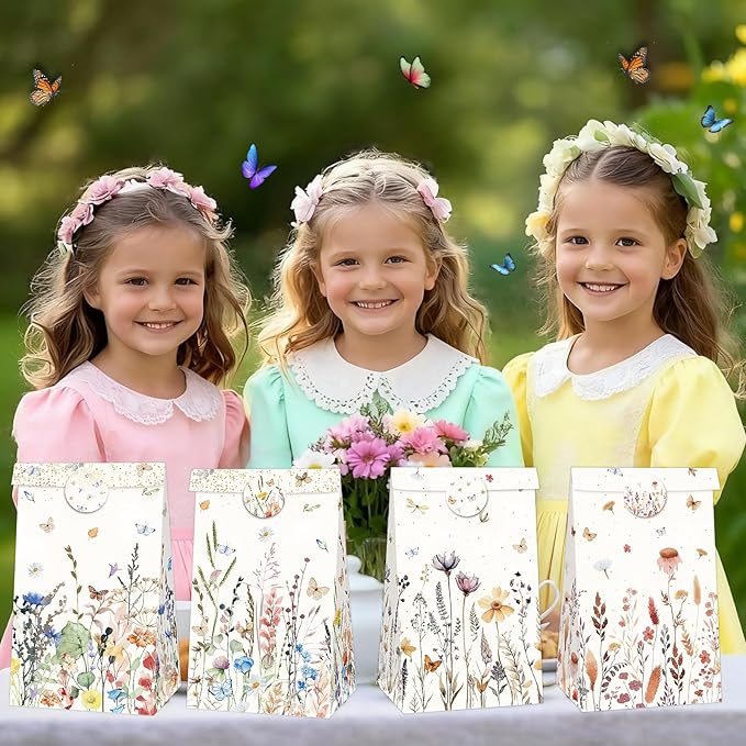 Inshinern Wildflower Party Favor Gift Bags Small Spring Floral Party Bags with Sticker Boho Theme Candy Goodie Bag for One Birthday Baby Shower Woodland Picnic Garden Tea Party Supplies (12Pcs)
