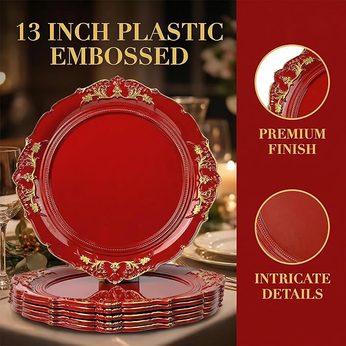 Red Charger Plates, 13 Inch Embossed Chargers for Dinner Plates. Plastic Charger for Wedding, Party. (Set of 6)