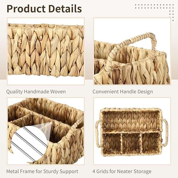Silverware Basket, Water Hyacinth Utensil Caddy, 4-Compartment Flatware Storage Basket with Dual Handles, Farmhouse Divided Cutlery Holder, Natural Woven Silverware Organizer, 10.4 x 8.5 x 6.1 in