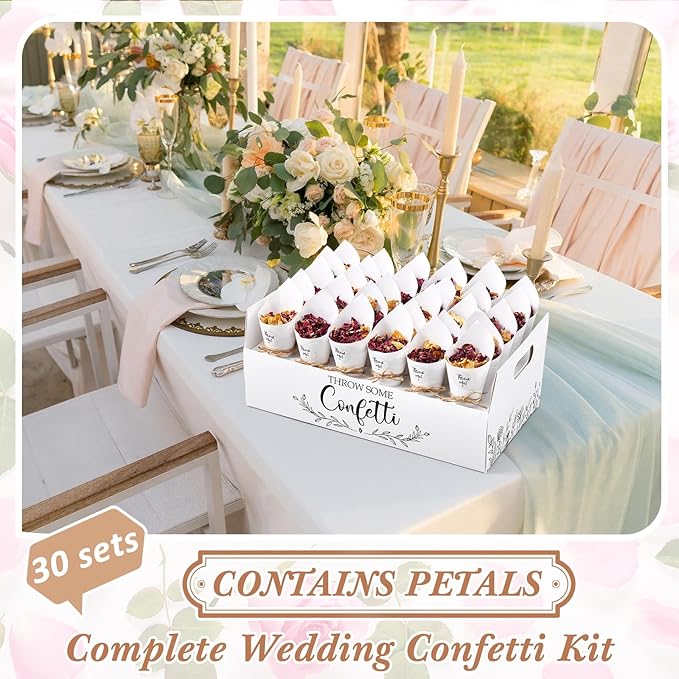 1 Sets Wedding Confetti Cones with 150g (5.29 Oz) Biodegradable Dried Flowers White Petal Confetti - 30 Paper Cones, Tray & Stickers for Wedding, Bridal Shower, Engagement Party, Baby Shower