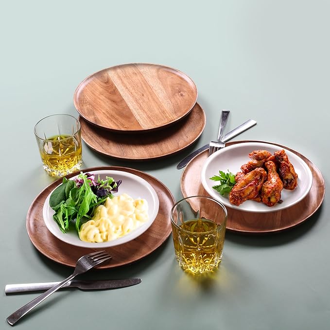 Lightnpro Acacia Round Wooden Charger Plates - Appetizer Plates, Centerpiece Tableware, Service Plates for Salad, Sandwiches, Burgers, Dinner, Lunch, Weddings, Catering - Set of 4, 10 Inch, Natural