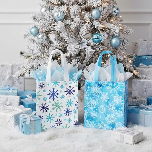 Wovnet 30 Pcs Christmas Bags Bulk Blue and White Snowflake Winter Merchandise Gift Bags with Handles Reusable Non Woven Tote Shopping Goodie Pouch for Xmas Party Favors Supplies 10 x 8 x 4in