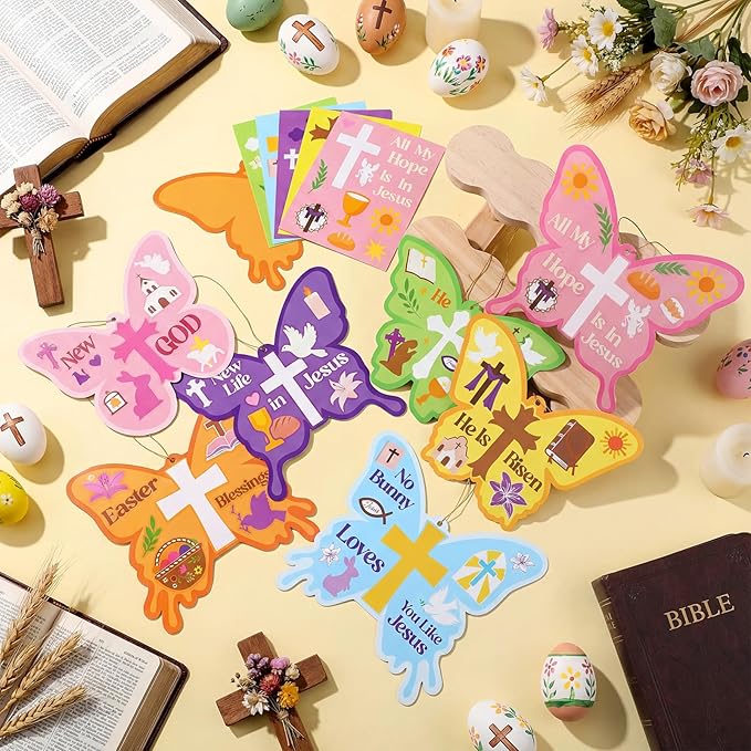 Frienda 48 Set Spring Butterfly Crafts Kit for Kids Christian Religious Butterfly Paper Craft with Stickers Sunday School DIY Kits Make Your Own Decor for Church Party VBS Classroom Activity