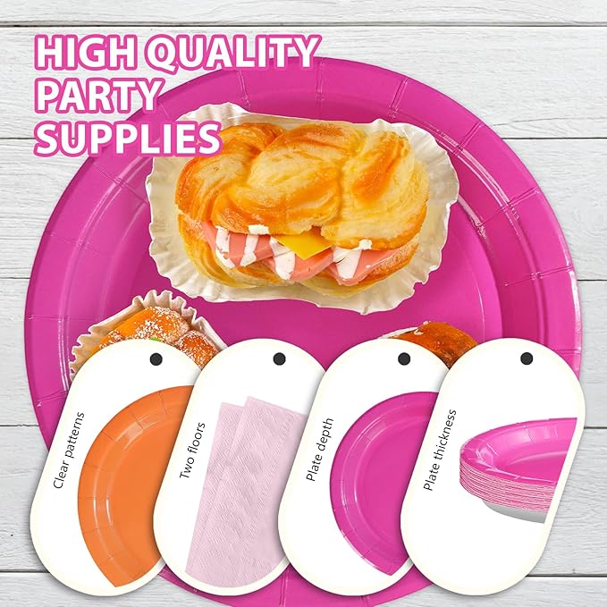 Grencian Pink and Orange Party Decorations Supplies - 96Pcs Solid Color Paper Plates and Napkins Neon Disposable Hot Pink Orange Tableware Sets for Sunset Theme Birthday Party Decorations Serves 24