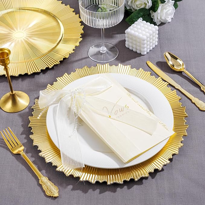 EI 20pcs Gold Charger Plates Bulk 13inch Plastic Chargers for Dinner Plate Disposable Golden Flash Reef Charger Plates Table Chargers for Family Party Wedding Birthday Afternoon Tea Decoration