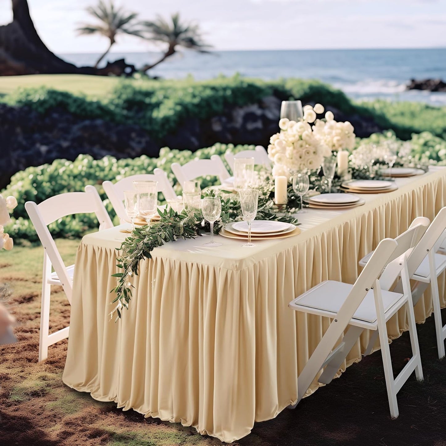 Champagne Polyester Table Skirt for Rectangle Tables 6ft, Wrinkle Free Pleated Ruffle Fitted Table Cover 6ft Stretch Tablecloths with Skirt for Parties Weddings Birthday Banquet Baby Shower
