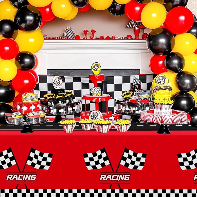 Childom 3Pcs Racing Car Plastic Tablecloth, Race Birthday Party Decorations, 54'' x 108'' Checkered Table Cloth Decor, Favors Rectangular Tablecloth for Boys Baby Shower Home