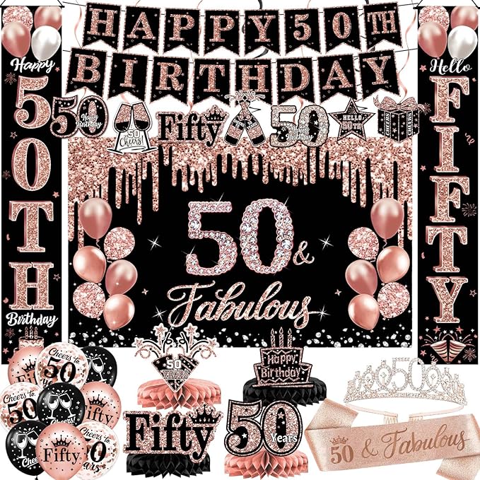50th Birthday Decorations for Women, 38-Piece Black and Rose Gold 50 Years Old Party Supplies with Backdrop, Honeycomb Centerpieces, Banner, Hanging Swirls, Porch Banner, Balloons, Sash, Crown