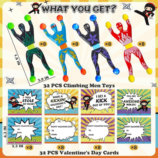 32Pack Sticky Wall Climbing Men Ninja Toy Set, Valentines Day Gifts Cards for Kids Students Classroom Exchange Prize, Valentine's Party Favors for Boys Girls, Valentine's Greeting Cards