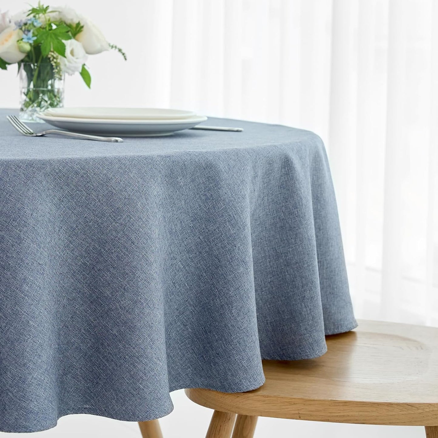 maxmill Round Linen Textured Tablecloth Spill-Proof Stainproof Wrinkle Free Washable Fabric Table Cloth for Circular Table Cover, Dining Room Buffet Banquet Party Holiday Dinner, 70 Inch Demin Blue