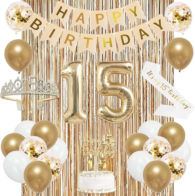 Trgowaul 15th Birthday Decorations for Girls, Banner, Sash and Crown, Cake Topper, 15 Number Balloon, Fringe Curtains, Champagne Gold 15th Birthday Party Supplies
