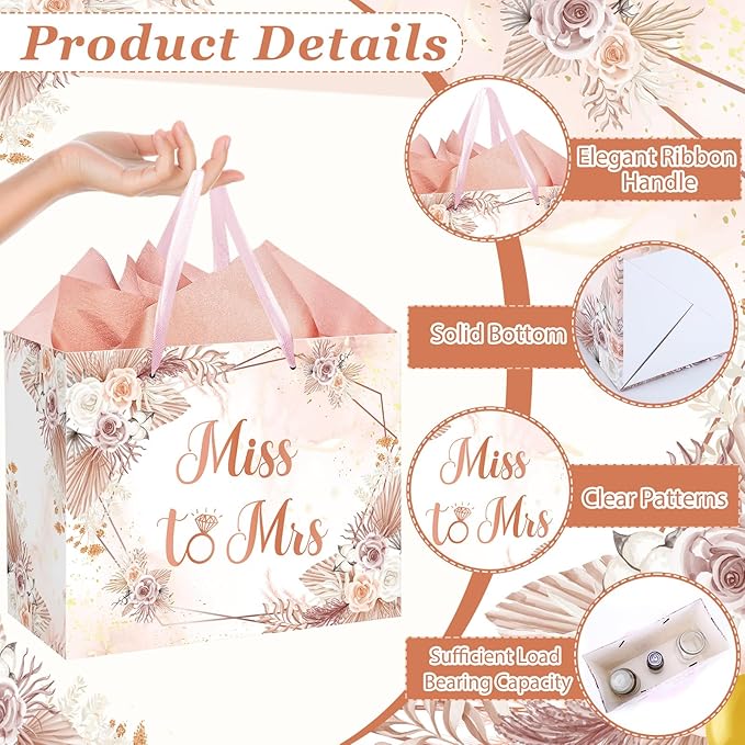 Yomaiha Bridal Shower Gift Bag Wedding Miss to Mrs Gifts Bag with Tissue and Card Bridal Shower Gift Wrapping Paper Bag Floral Boho Wedding Gift Bags Bride Engagement Bachelorette Party Bag
