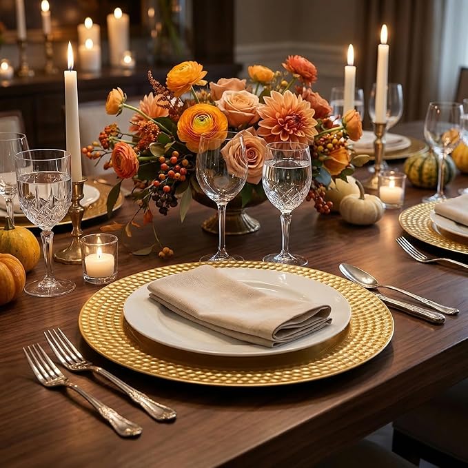 Nicunom 12 Pack Gold Charger Plates, 13 Inch Round Charger Plates with Hammered Rim, Plastic Charger Plate for Wedding Dinner Party Event Decoration