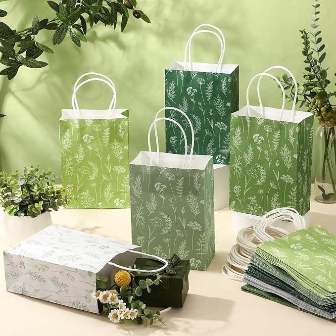Kolldenn 50 Pcs Sage Green Wildflower Gift Bags with Handles Paper Floral Goodie Welcome Bag for Wedding Guest Baby Shower Bridal Birthday Party Favor, 5.91 x 3.15 x 8.27 Inches