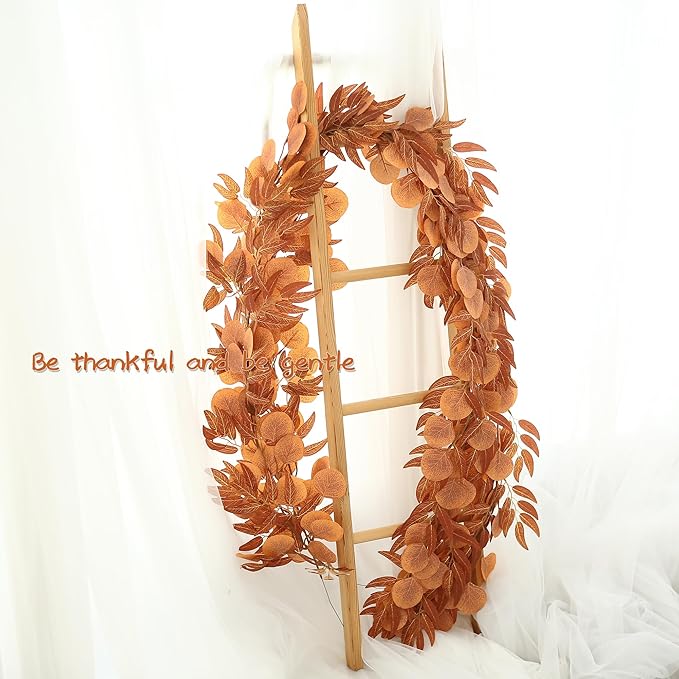 Greentime 2 Pack Artificial Autumn Eucalyptus Garland 6.5 Feet Fake Fall Leaf Garland for Thanksgiving Wedding Table Runner Fireplace Decor