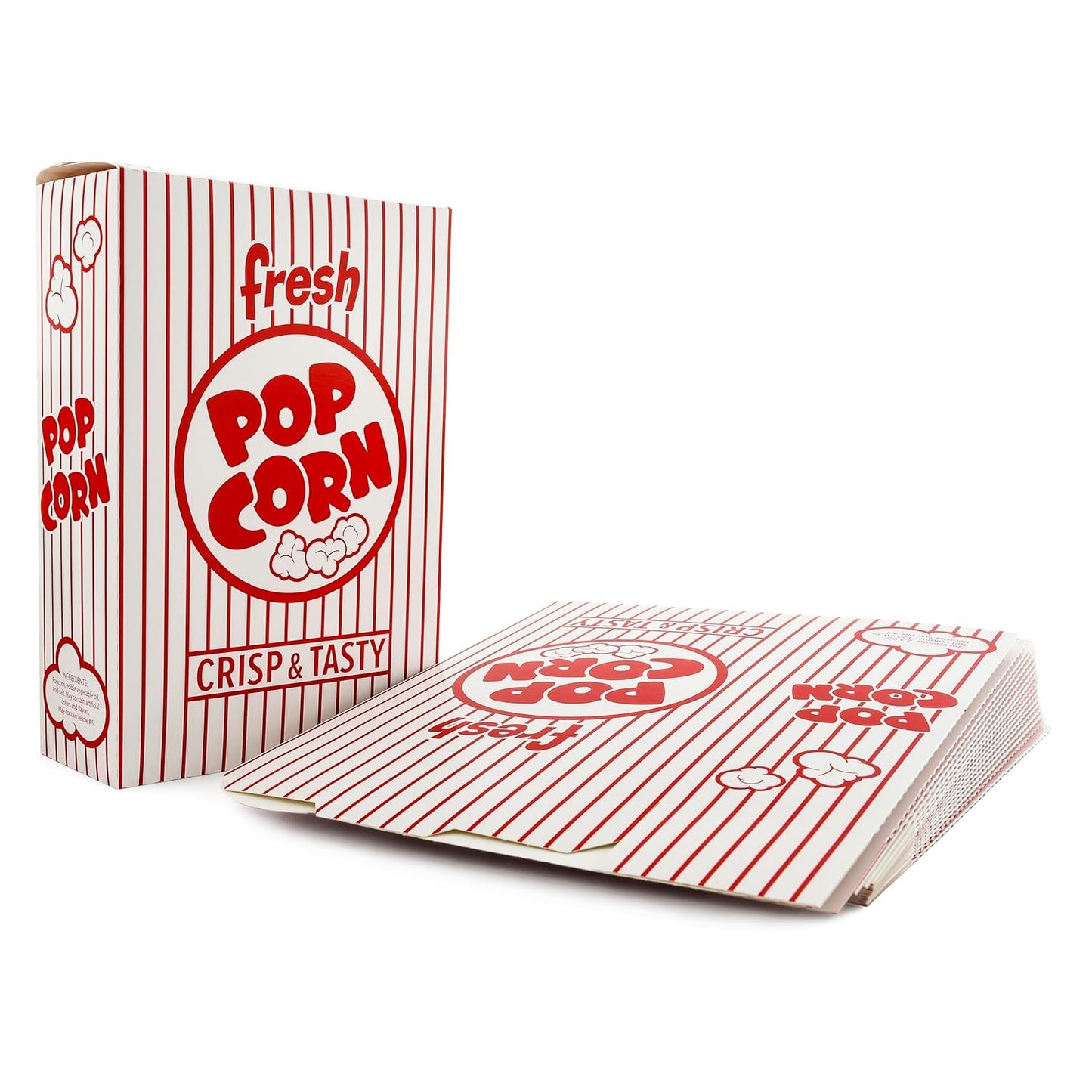 Snappy 4J Red & White Striped Close Top Popcorn Boxes, Popcorn Containers Bulk 50 Count, Movie Night Supplies 2.3 oz. Capacity, 5.75" x 2.5” x 8.5”