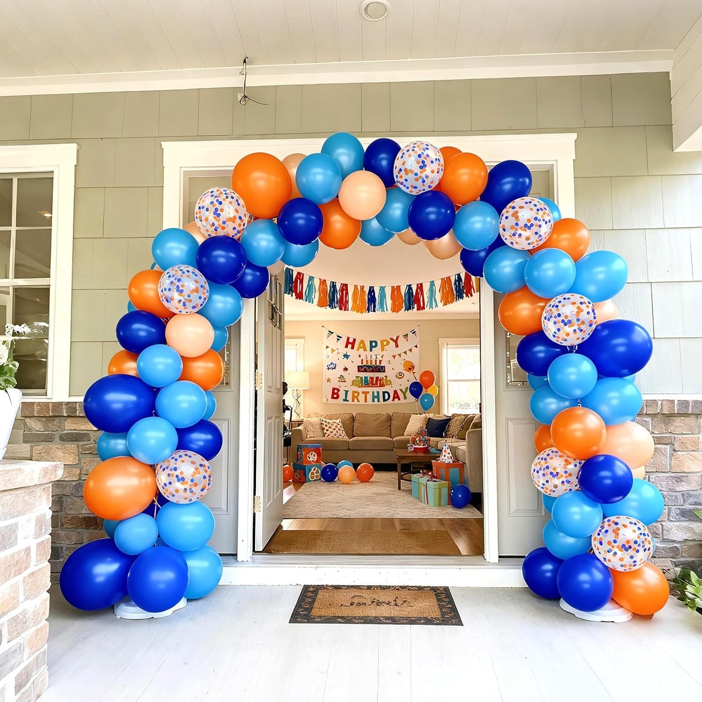 Bezente Orange and Blue Balloons Kit, 60pcs 12 inch Light Royal Blue Nude Latex Balloons Orange Confetti Helium Balloons for Kids Birthday Baby Shower Anniversary Graduation Themed Party Decorations