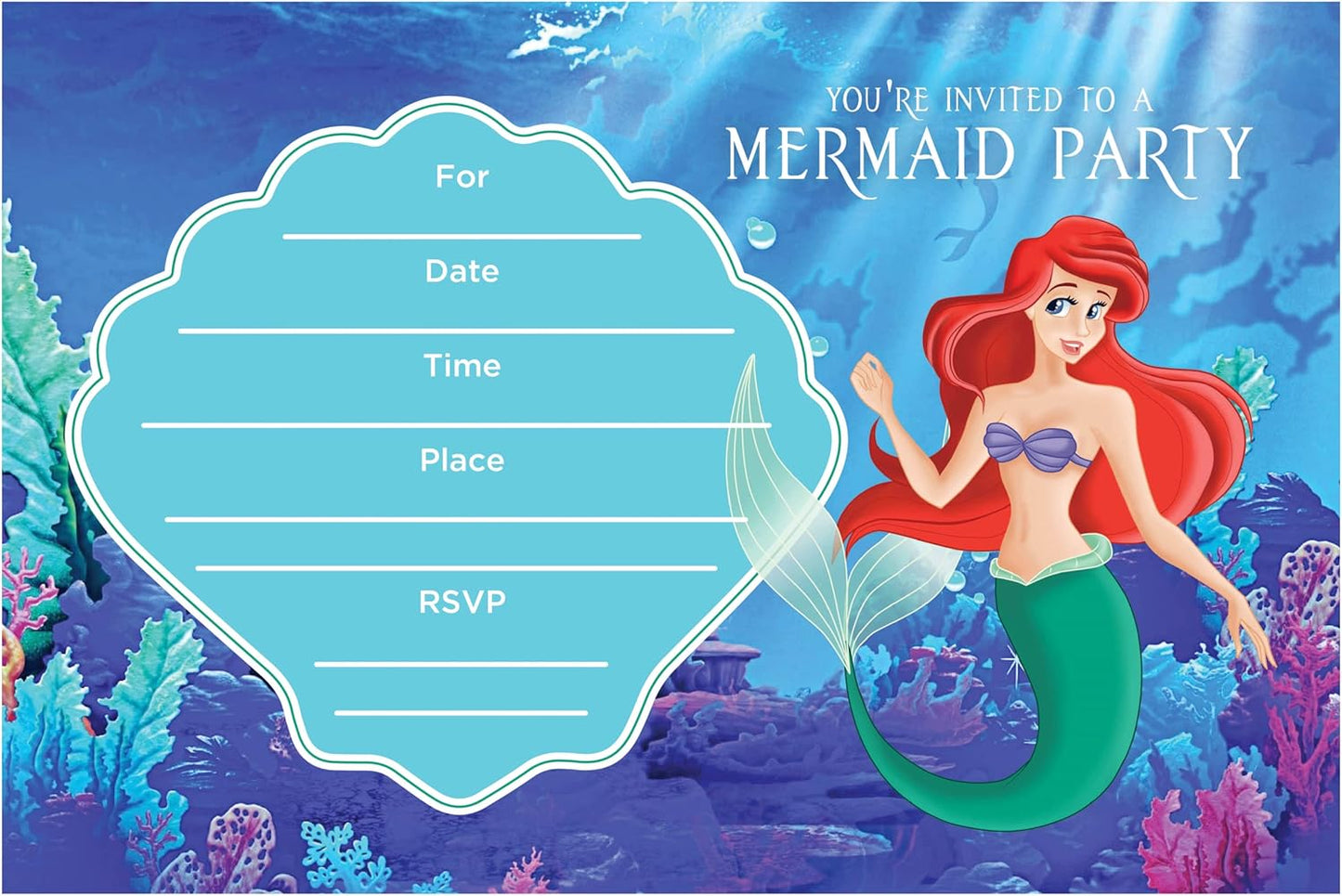 Set of 20 Undersea Princess Inspired Happy Birthday Invitation Cards & Envelopes – Lightweight (240g), Postcard Style Invites for the Perfect Party Pack