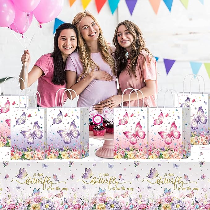 HongXingHai 16Pcs Butterfly Party Favors Gift Goodie Bags Pink Purple Flowers Treat Candy Small Floral Paper Bags with Handles for Kids Birthday Party (Butterflies, 16)