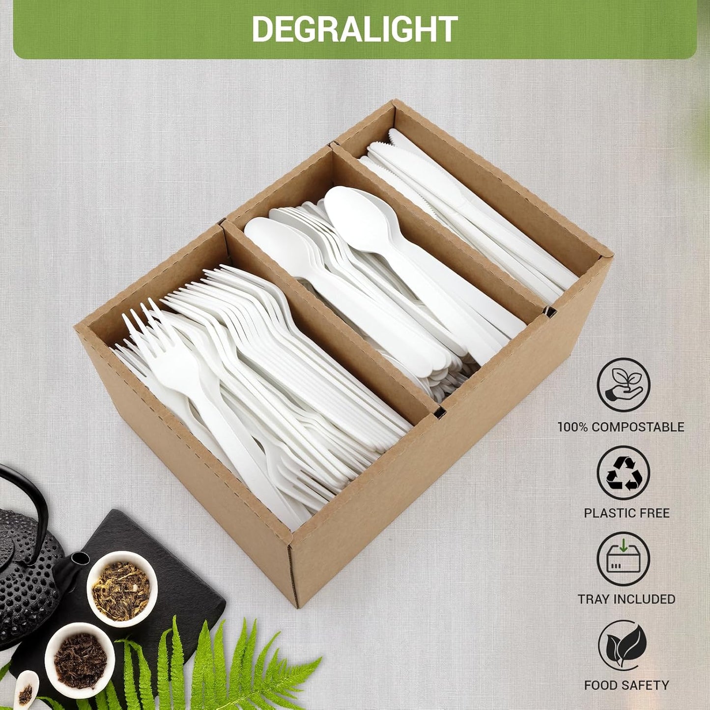 Disposable Cutlery Set - 380 Pcs BPI Certified Compostable Utensils with 140 Compostable Forks, 120 CPLA Spoons and 120 Disposable Knives, Eco-Friendly Compostable Cutlery for Thanksgiving Day & Daily