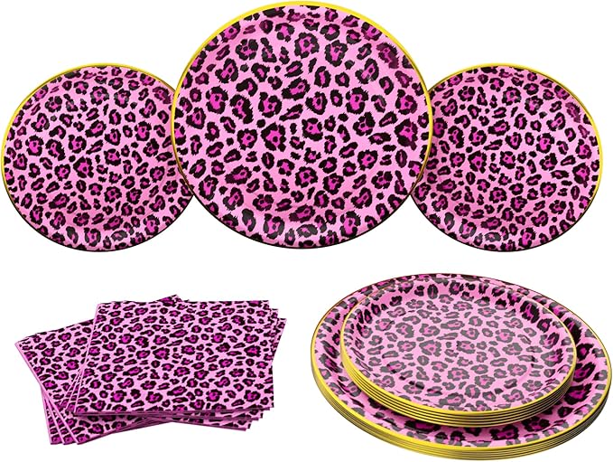 Blue Orchards Pink Leopard Party Plates and Napkins (52 pieces for 16 Guests) - Pink Leopard Party Decorations, Pink, Cheetah, Cheetah Party, Two Wild Birthday for Girls