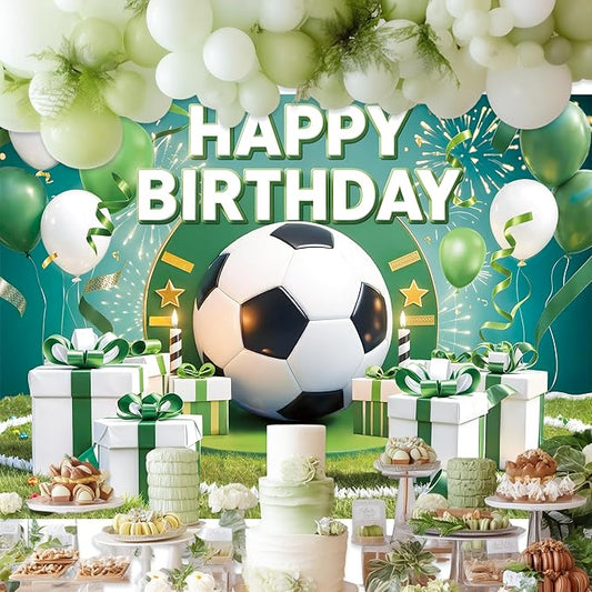 Homewelle Football Birthday Backdrop 7Wx5H Feet Polyester Fabric Boys Kids Sports Theme Soccer Field Balloon Gifts Decoration Green Stadium for Adults Teens Photography Background Photo Shoot Props